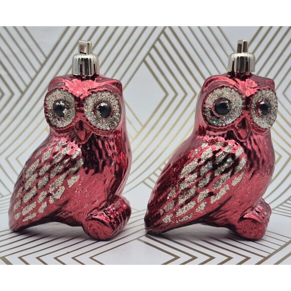 Lot of 4 Owl Christmas Ornaments Holiday Tree Decor Brown & Deep Red Glitter 3" - Picture 3 of 13